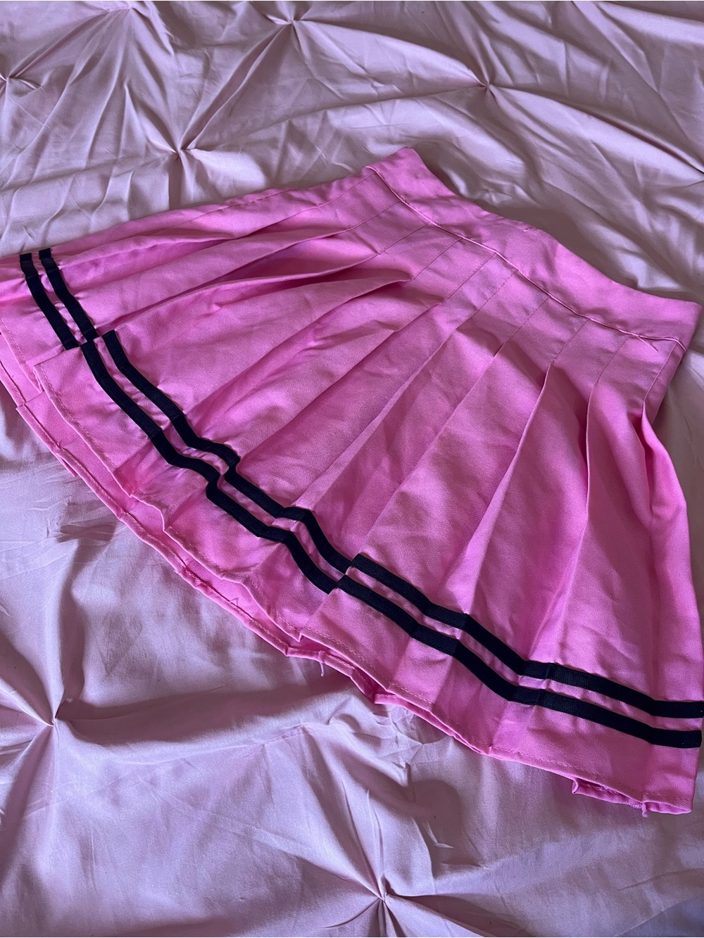 Pink Pleated Mini Skirt with Black Stripe Detail